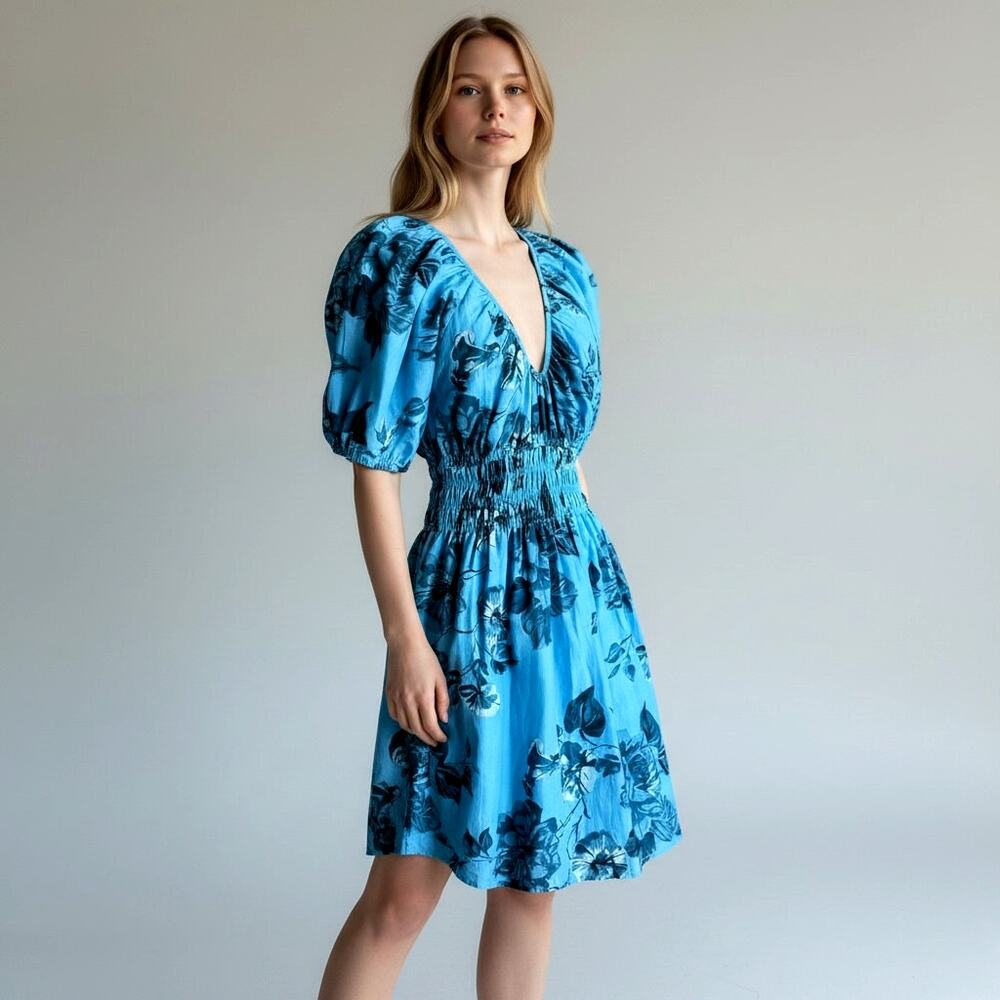 Faithfull The Brand Blue Floral Mini Dress Organic Cotton Size 4 Puff Sleeve